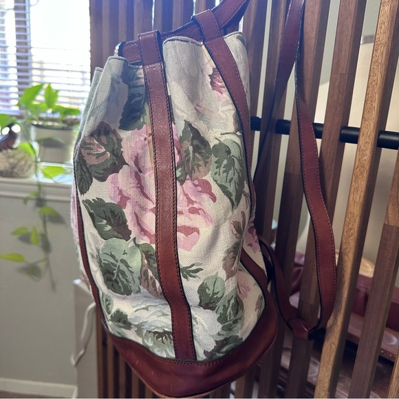 Floral Canvas Drawstring Italian Backpack with Pink & Green Print and Brown Trim main image 8